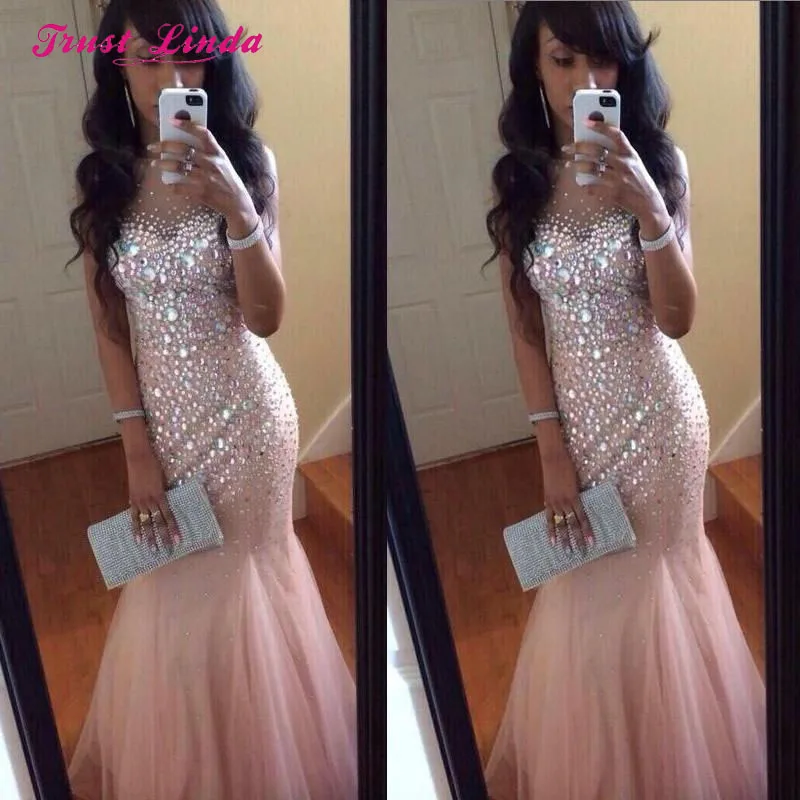 

Luxury Blush Pink Long Dresses For Wedding Party Scoop Neck Mermaid Crystal Women Wedding Party Dress Vestido Boda Invitada
