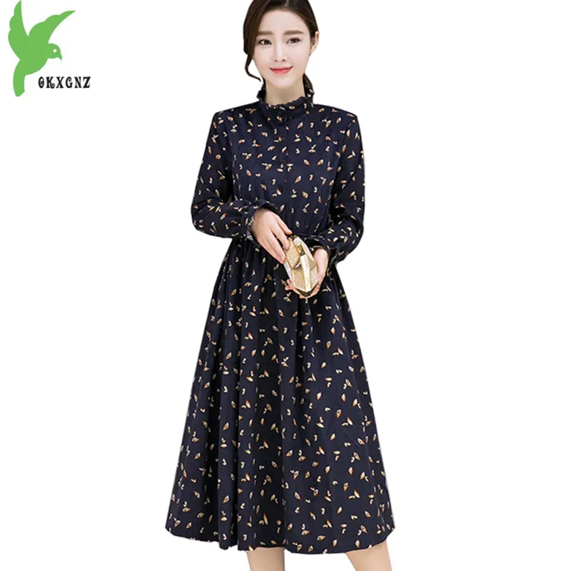 

New Print Dress Women's Spring Autumn Corduroy Big swing Dress Stand collar Long sleeves Pullover Dress Medium length OKXGNZ1554