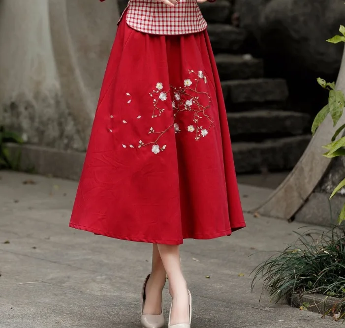 Женский китайский Топ Cheongsam, блузка из хлопка с вышивкой сливы, 7 точек, рукав Tang 4XL размера плюс - Цвет: red printing skirt