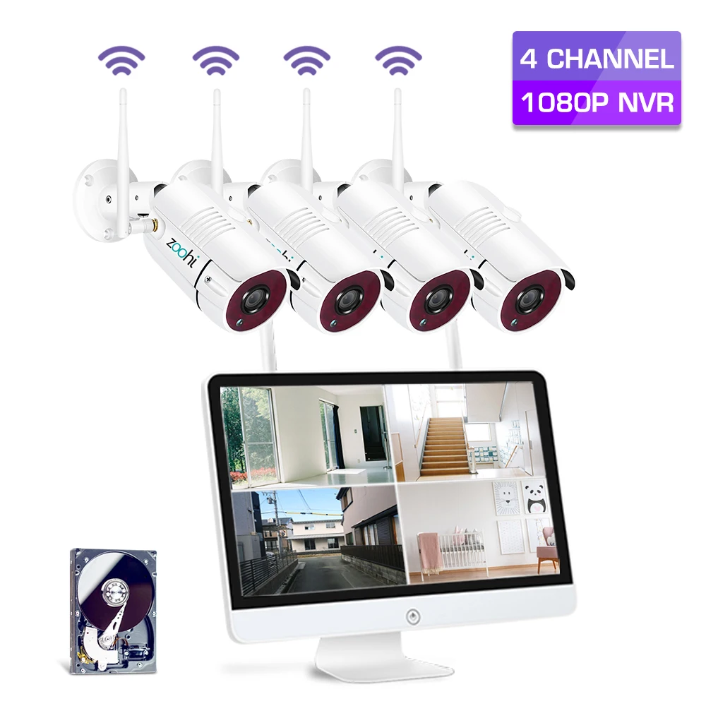Zoohi Survellance Wireless Cameras System 1080P 15.6 Inch LCD NVR Security Camera System With 2MP Outdoor Wifi IP Camera Kit Zoohi Survellance Wireless Cameras System 1080P 15.6 Inch LCD NVR Security Camera System With 2MP Outdoor Wifi IP Camera Kit