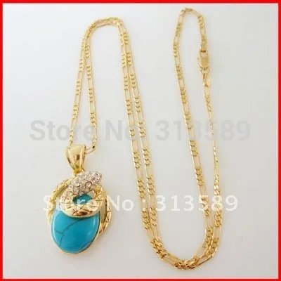 

NEW YELLOW GOLD GP OVERLAY 24" FIGARO CHAIN NECKLACE&SNAKE BLUE STONE CZ PENDANT/Great Gift/Great Money Maker