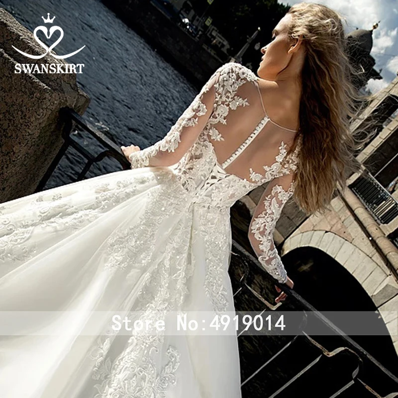 Модное свадебное платье с аппликацией, юбка-лебедка, милое кружевное свадебное платье, украшенное бусинами, бальное платье с длинным рукавом, Vestido de novia HZ16
