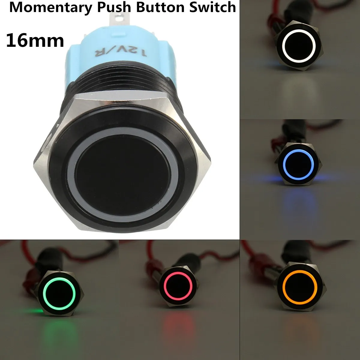 

16mm Metal Black Momentary Push Button Switch SPST Ring LED