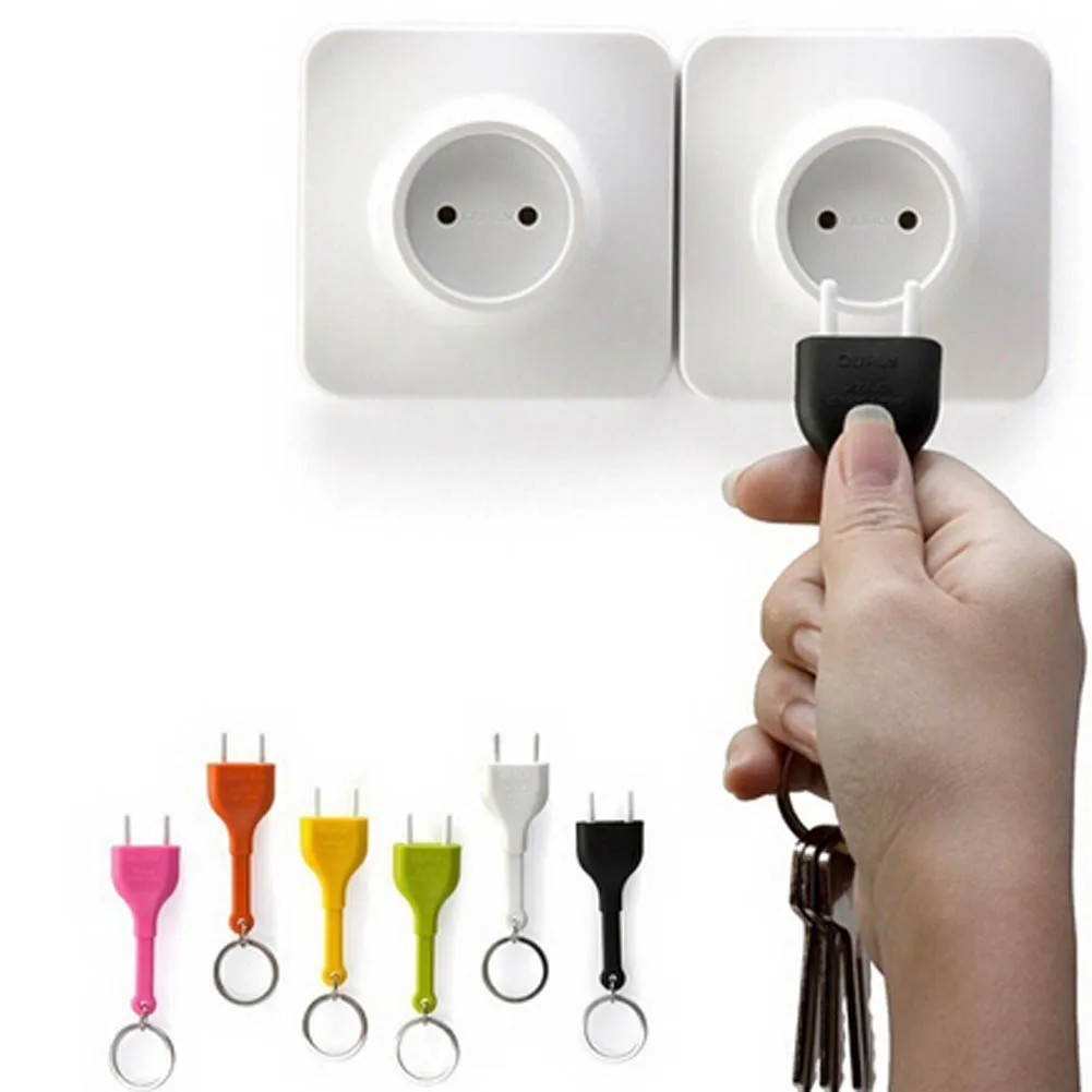 Random Color Cute Home Wall Decroation Design Unplug Keyring Eu Plug Plastic Finishing Plug Holder Sticky Hooks Socket Attached Hook Phone Keys Rack Hanger Kitchen Storage Prateleira