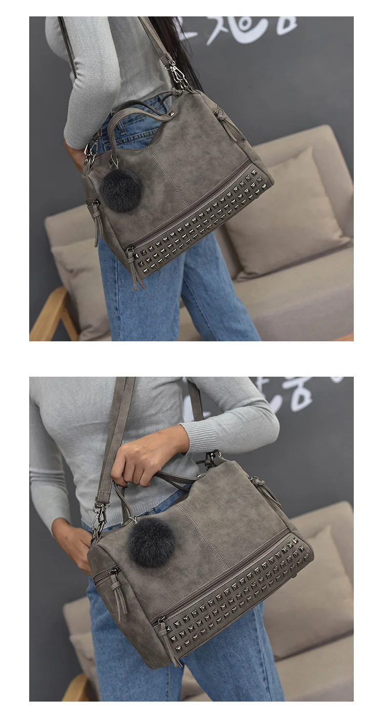 MJ Brand Design Women Handbag Fashion Suede Leather Top-Handle Bags Hair Ball Rivets Shoulder Bag Large Motorcycle Messenger Bag (14)