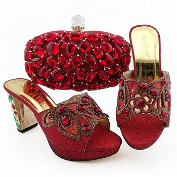 

Red italian shoe and bag matching set with many big rhinestones shinning slippers shoes and clutches bag set 3.5 inches SB8395-2