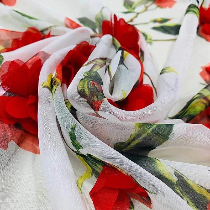 Высокое качество poppy red flower 3D печать Корейская шифоновая ткань 100% pes для шитья