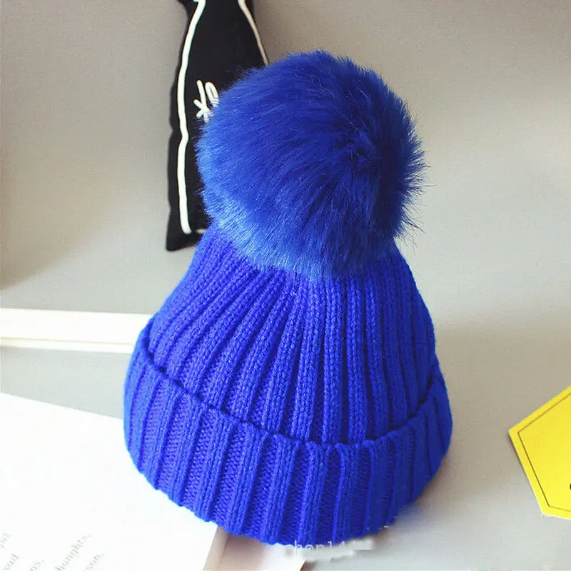 Детская зимняя шапка с помпонами для девочек и мальчиков, вязаная шапка для новорожденных, вязаные однотонные Детские шапочки, меховые шапочки для детей 0-36 месяцев - Цвет: Синий
