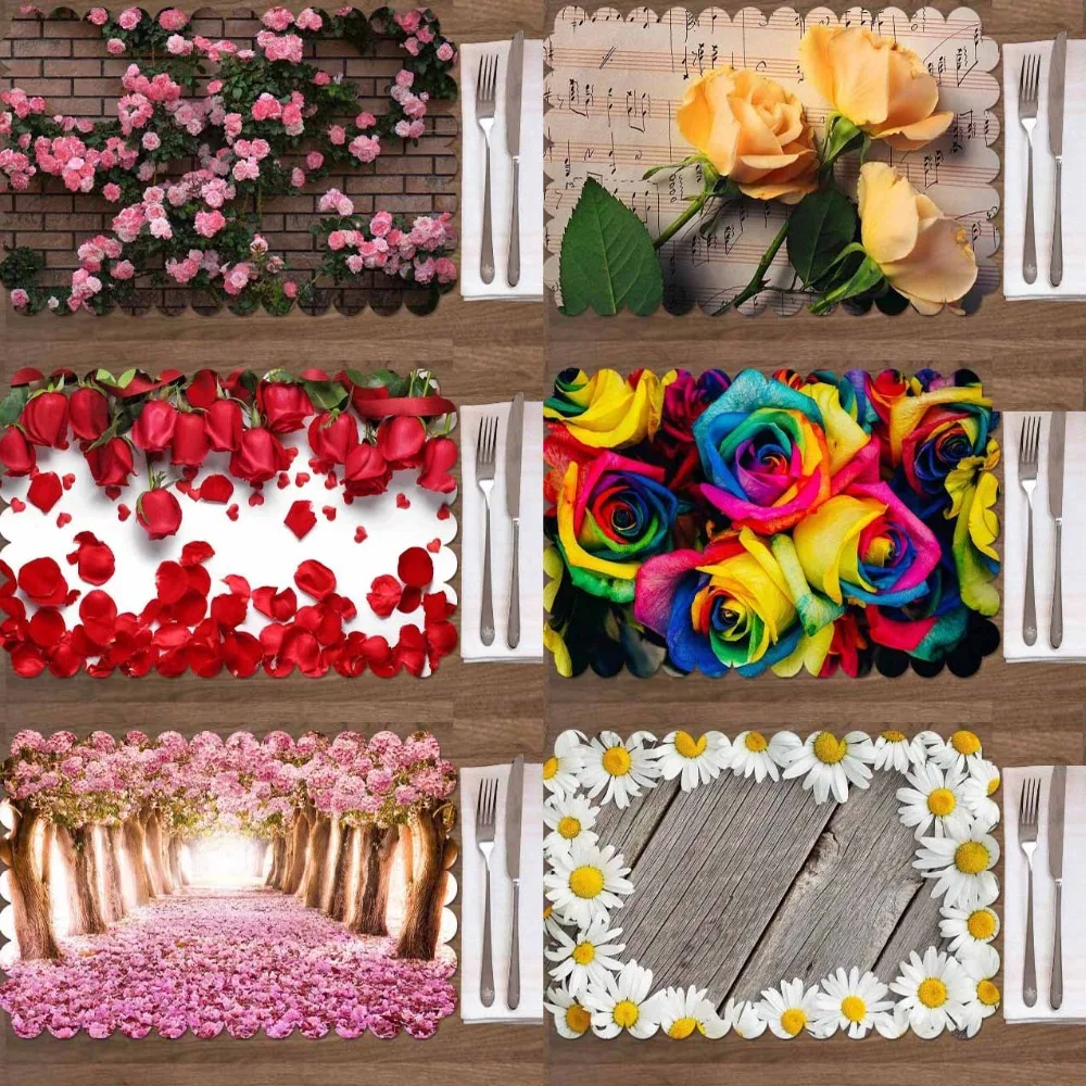 

Else 4PCS Roses Flowers Floral Pink Red Yellow Washable Print Fabric Place Table mats for Dining Room Kitchen Table Napkins Set