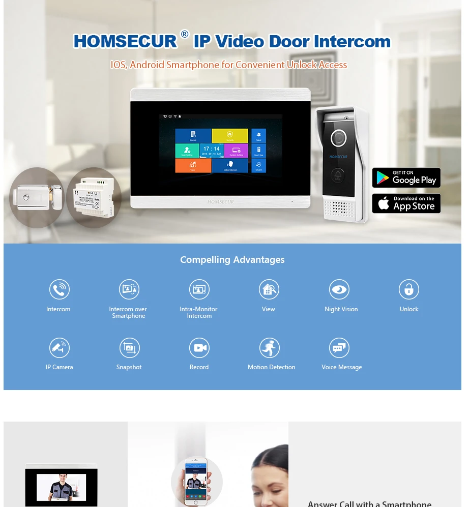 Homsur 7 "IP проводной видео и аудио дома, домофон с памятью мониторы, электрический замок с ключами включены для безопасности дома