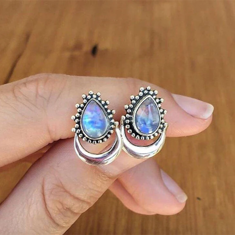 

Crescent Crystal Earrings Silver Color Stylish Bohemian Earring Vintage Teardrop Stud Earrings Women Boho Jewelry