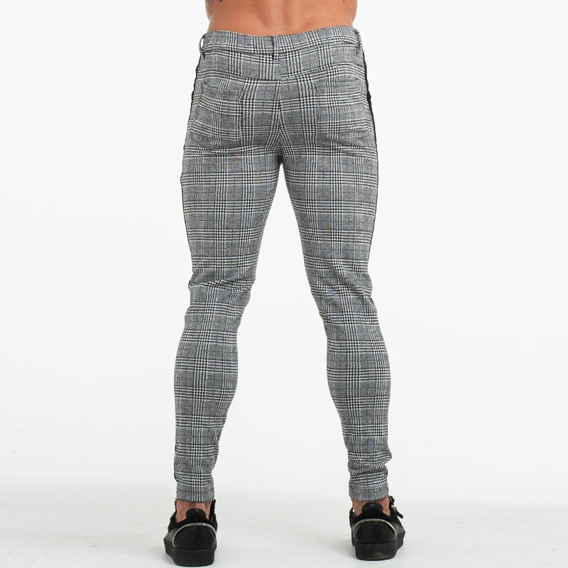 Gingtto мужские s чиносы облегающие узкие брюки для мужчин Чино Брюки Клетчатый дизайн модные серые с полосками сбоку zm353