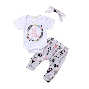 

2018 New Feather&Floral 3Pcs Baby Girls Summer Clothes Short Sleeve White Romper Playsuit Pants Cotton Newborn Outfits Set Hot