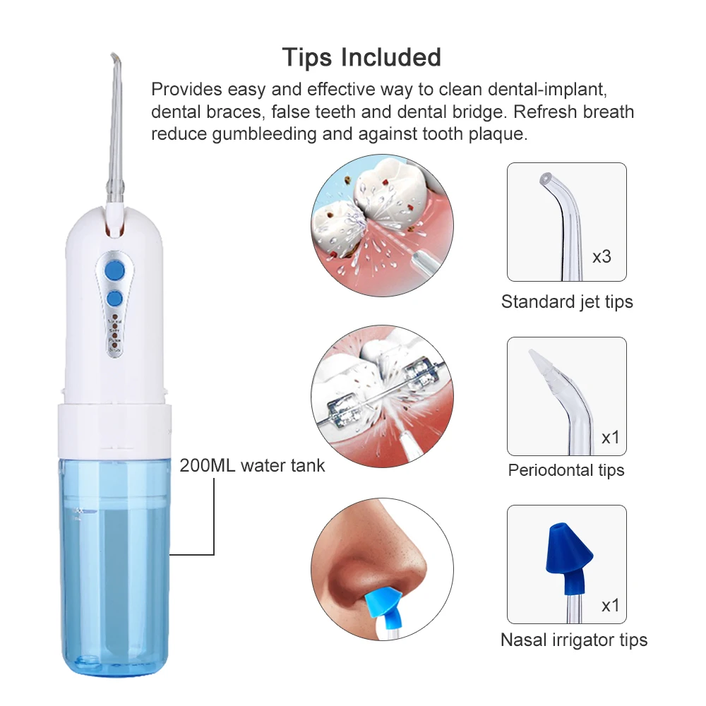 Irrigador de Água Oral sem Fio com Bolsa de Viagem Ponta do Jato Portátil Água Dental Flosser Recarregável 4 Modos Nariz Limpo 200 ml 5 Usb 6 Cheap Fio dental elétrico