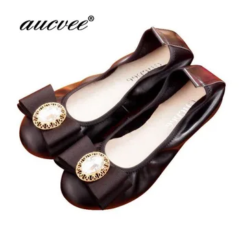 

aucvee Brand Woman 2019 Spring Autumn Cow Muscle Slip On Loafers Solid Genuine Leather Female Casual Shoes Ballet Flats V031