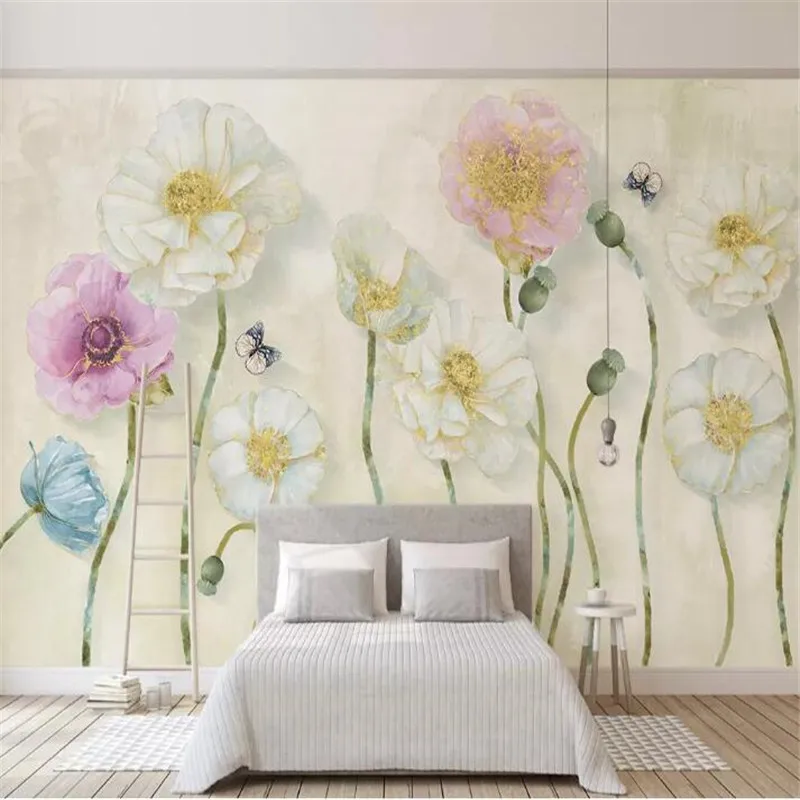 

Hand painted golden painting poppies background wall professional making murals, wallpaper wholesale, custom poster photo wall