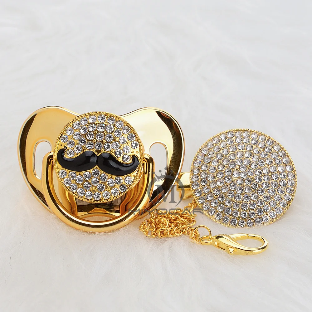 

MIYOCAR BLING gold silver Moustache pacifier and pacifier clip unique design for baby SGS certificate safe and unique AMOU