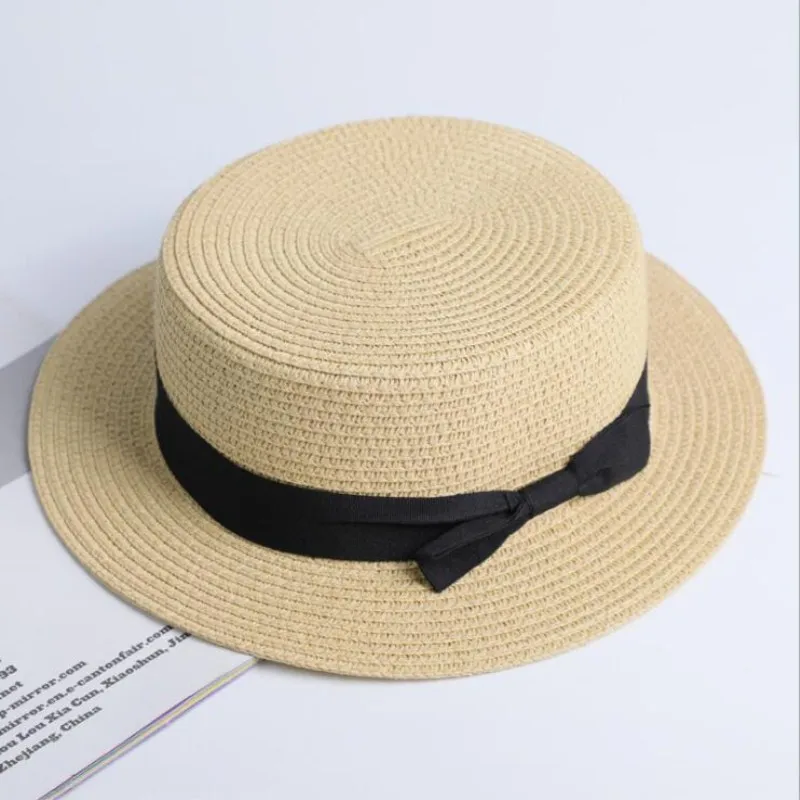Seioum/ ; соломенная шляпа на плоской подошве для защиты от солнца; шляпа-канотье для девочек; летние женские шляпы с бантом; пляжная соломенная шляпа на плоской подошве; соломенная шляпа; chapeau femme - Цвет: cream color
