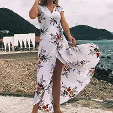 OLOEY Women Long Maxi Dresses Bohemia V-neck Short Sleeve Floral Print Ethnic Summer Beach Female Split Stylish Style Dress stylish round neck sleeveless ethnic print spliced women s maxi dress