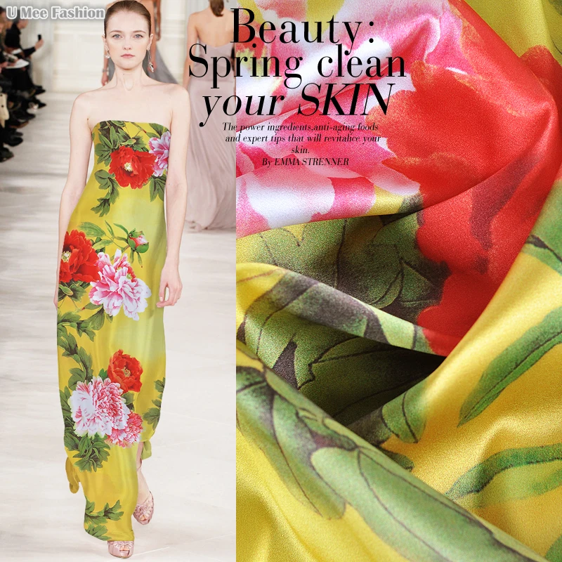 

SP673 Pure Silk /Flourished Peony/ Silk Fabric Mulberry Silk 93% Silk 7% Spandex Elastic/Width 1.29yd Thickness 19mm