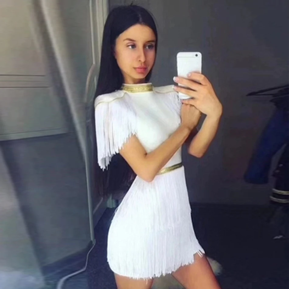 Adyce 2019 New Summer Women Celebrity Evening Runway Party Dress Sexy Red White Fringe Tassels Short Sleeve Club Dress Vestidos