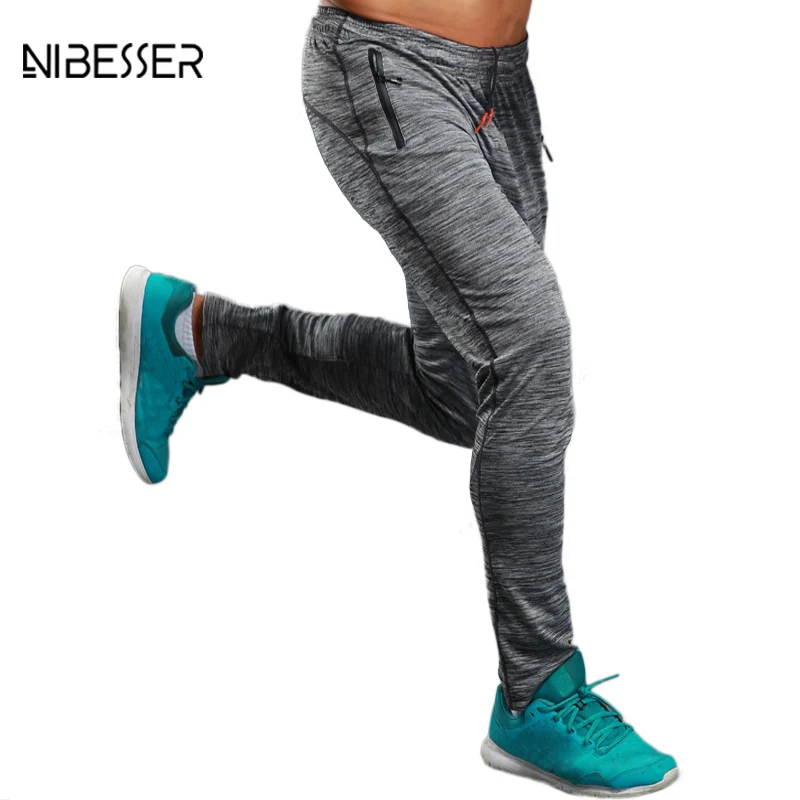 

NIBESSER Brand Summer Fitness Men's Pants Elastic Breathable Sweat Pants Grey Drawstring Pants Trousers Zipper Pantalon Homme