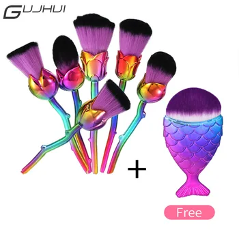 

GUJHUI 6pcs Metal Makeup Brushes Set Rose Flower Foundation Powder Contour Base Make Up Brush with Free Fat Fish Brush Cosmetics
