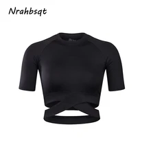 Nrahbsqt женские футболки для йоги сексуальный для спортзала Топ Фитнес кроп Топ сплошной Футболка для бега спортивная одежда Топы на бретельках Спортивная FZ066