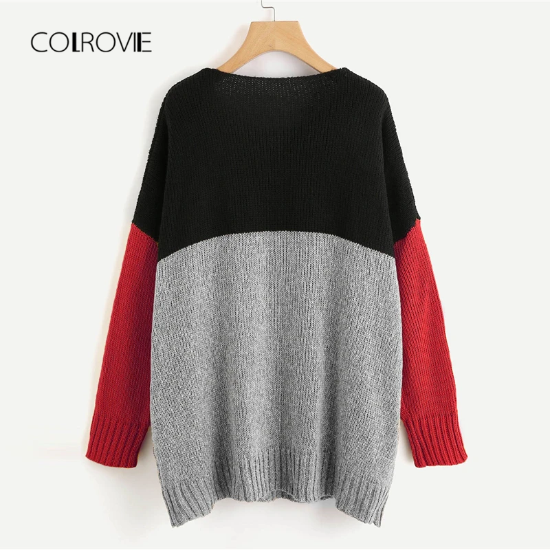 COLROVIE Colorblock Workwear Longline Women Sweater 2018 Autumn Sexy Female Pullovers Jumper Highstreet Casual Lady Sweaters