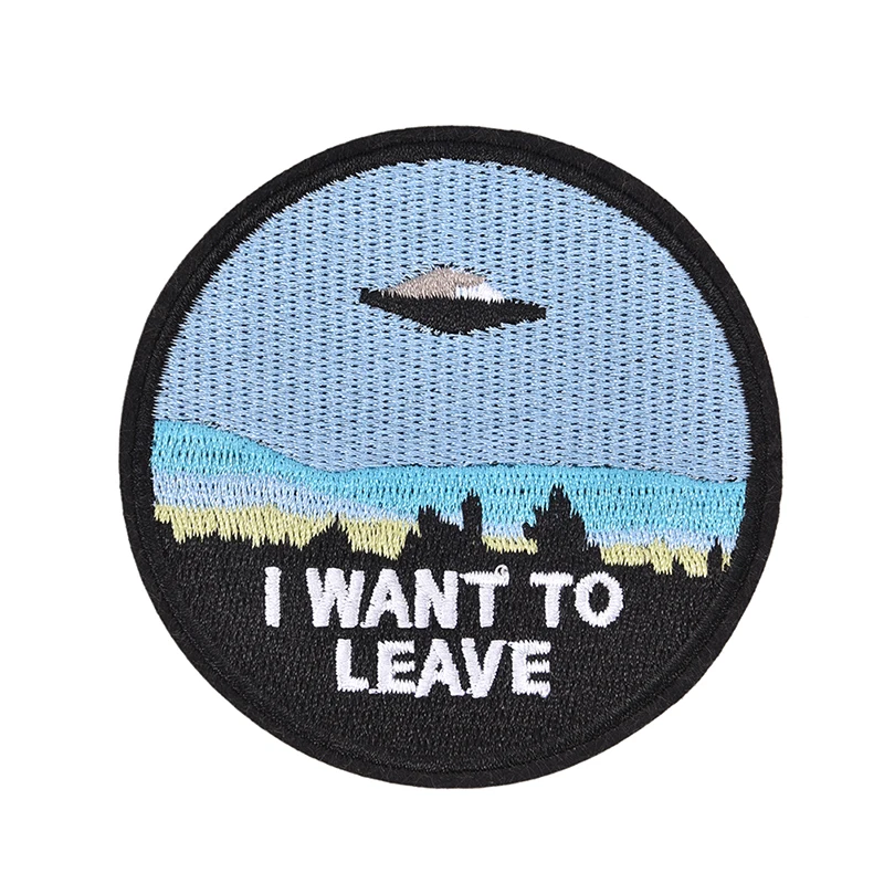 

HENGHOME I WANT TO LEAVE UFO ALIEN 7.6x7.6cm Embroidered Patches Iron on Sewing Applique Clothes Shoes Bags DIY Patch Apparel