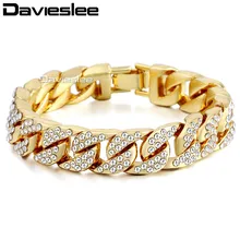 Davieslee мужской браслет цепочка белого желтого золота заполнены Iced Out Снаряженная кубинская проложили прозрачные стразы 14 мм LGB403