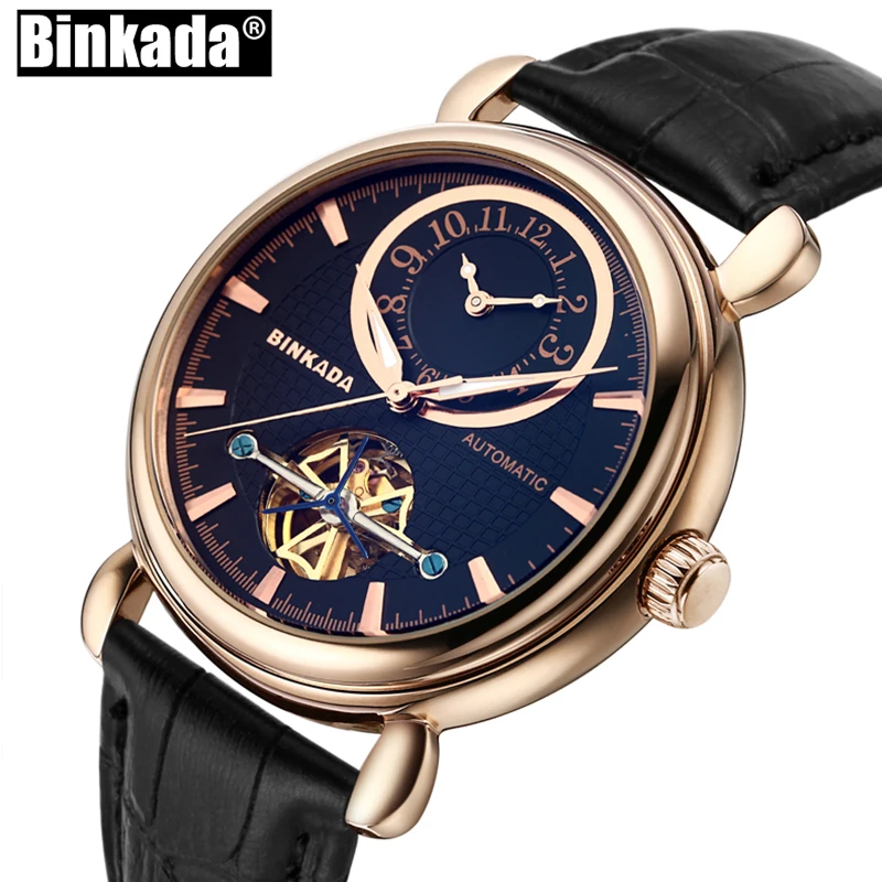 

Casual Mechanical Watches BINKADA New Skeleton Toubillon Mens Watches Automatic Relogio Homme Male Dual Time Watch