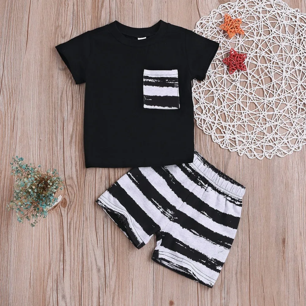 ISHOWTIENDA Soft Material Summer Infant Baby Short Sleeve Solid T-Shirt Tops+Striped Shorts Outfits Sets Clothes | Детская одежда и