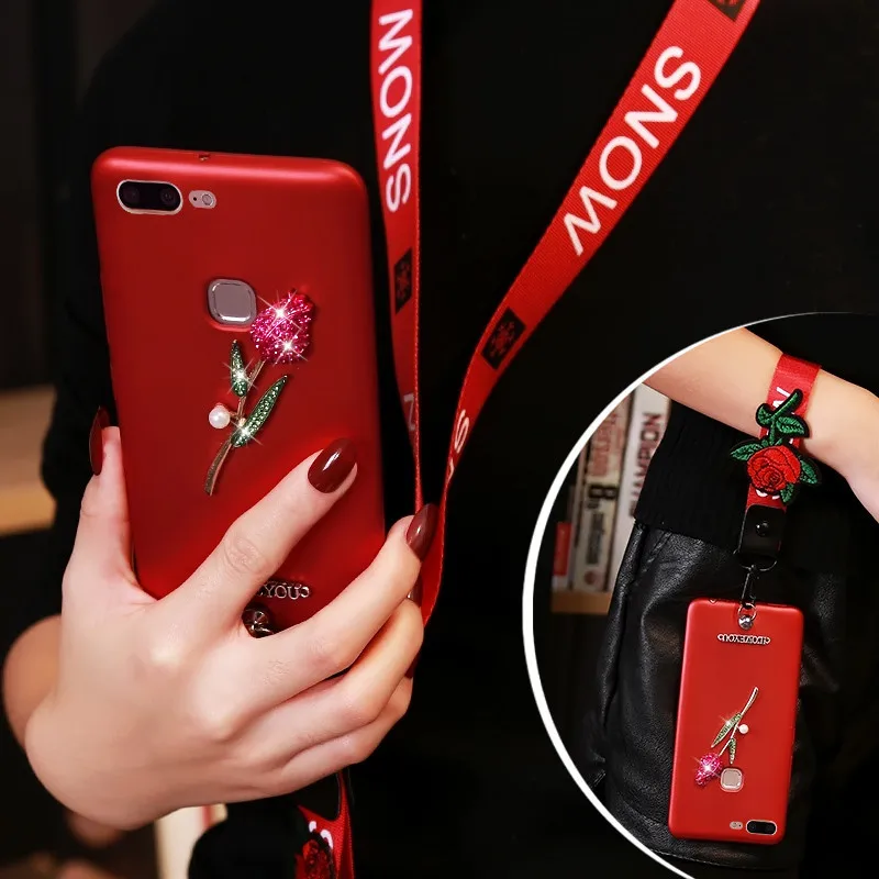 

Luxury Lanyard Hard Phone Case for Huawei Honor 5C 5X 6X V8 V9 9 Cover Diamond Bling rose Patterned phone shell for honor 9 capa