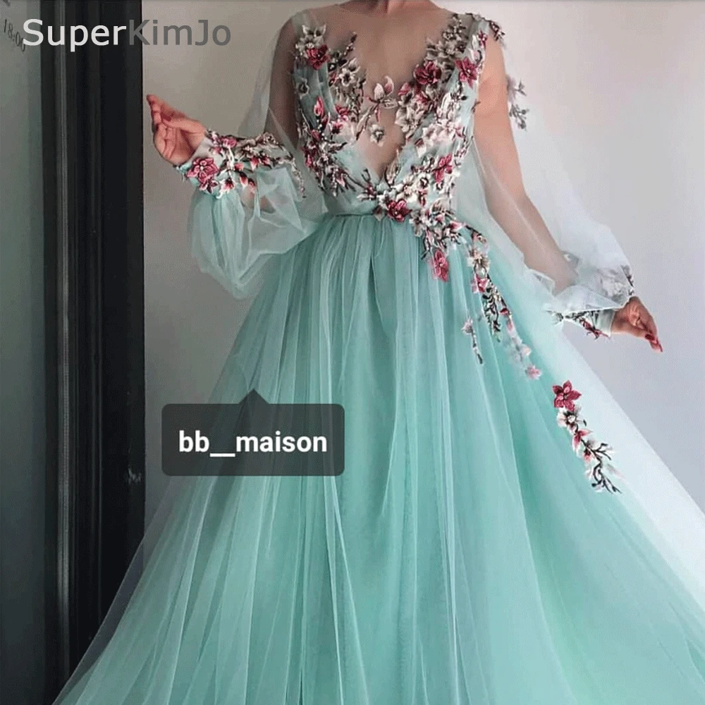 SuperKimJo Vestido De Longo De Festa, платья для выпускного вечера в арабском стиле,, платье с длинным рукавом и вышивкой, мятно-зеленое платье для выпускного вечера