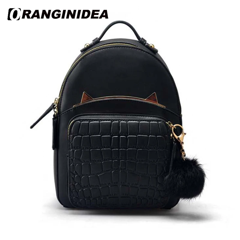 Genuine Leather Women Mini Backpacks Black with Fluffy Ball Ladies Small Cute Backpacks Travel ...