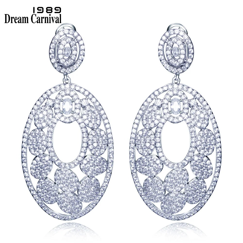

DreamCarnival1989 Huge Look Statement Jewelry for Wedding Paved CZ Stones Luxury Dangles for Women Oval shape Earings SE07083R