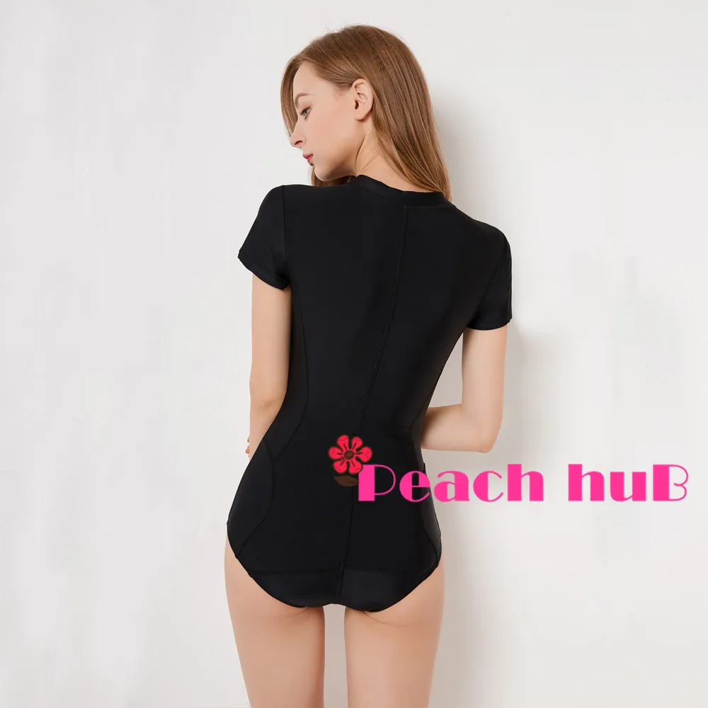 Sport Swimsuit Short Sleeve Swimsuit Solid Swimwear One Piece Front Zipper Black Swimsuits Woman Plus Size Surf Suit (2)