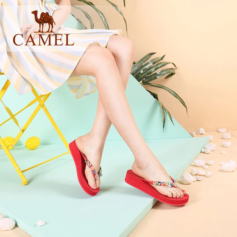 CAMEL/новые женские уличные тапочки модные повседневные вьетнамки на танкетке и