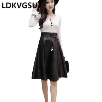 

Leather Skirt Female 2018 Autumn Winter New High Waist PU Umbrella Skirt Plus Size 5XL Waist Lace-Up Women A Word Skirt Is474