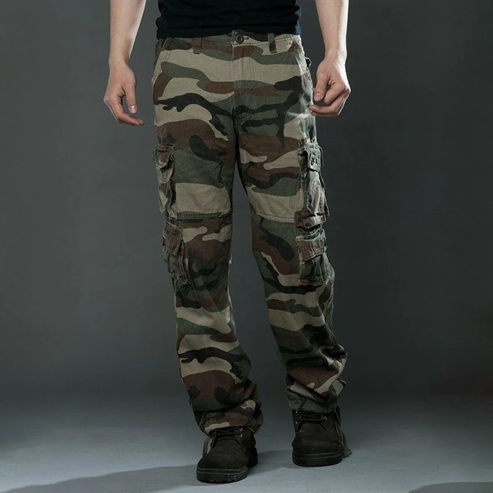 Army Green Men Casual Work Pants Camouflage Baggy Loose Long Trousers Multi Pockets Pants in