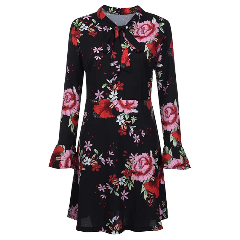 Fashion Autumn summer dress 2018 casual Flare elegant dress Long Sleeve O-Neck Floral Printed Mini party Dress vestido A27#N (7)