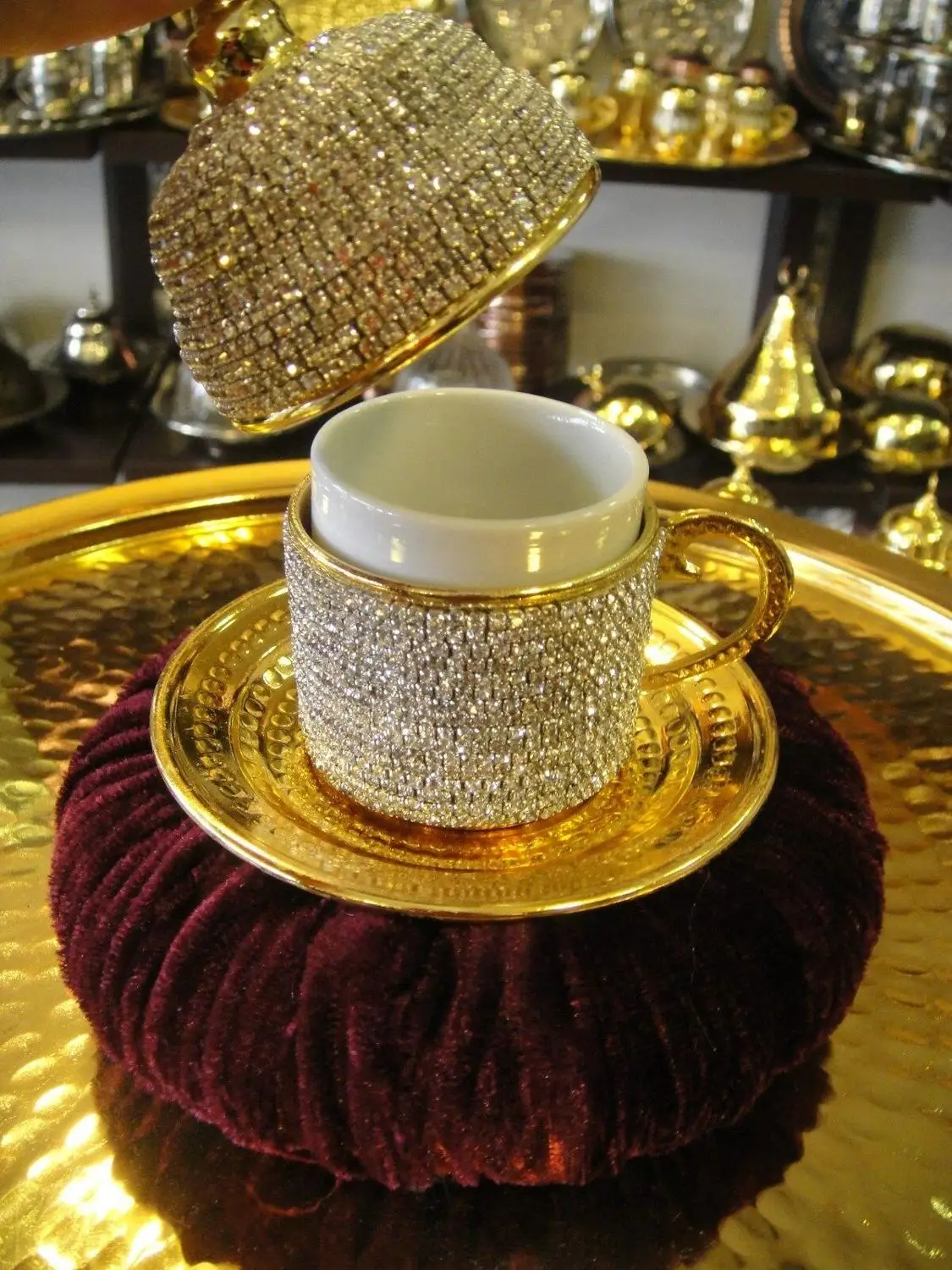 Ручной работы Медь Турецкая кофейная чашка блюдце Swarovski тип с кристаллом
