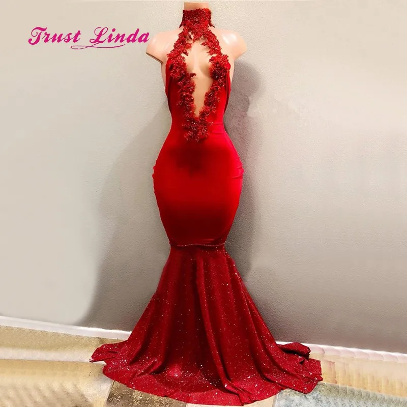 Красное длинное платье для свадебной вечеринки, для женщин, с высоким вырезом, Русалка, сексуальные женские платья, вечерние и свадебные платья De Soiree