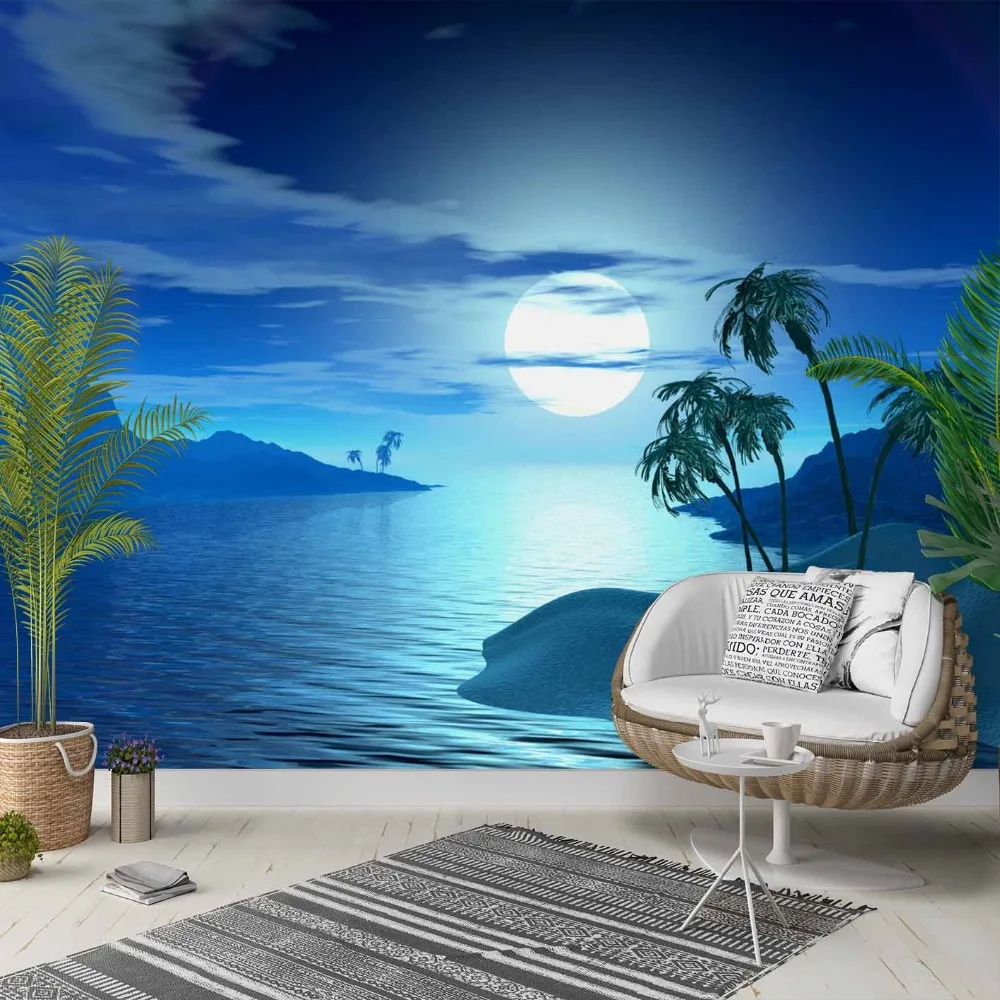 

Else Blue Night Sky Moon Green Palm Trees 3d Photo Cleanable Fabric Mural Home Decor living Room Bedroom Background Wallpaper