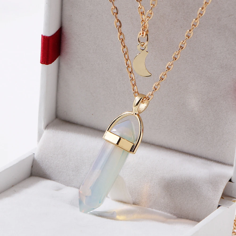 

1Pcs Bullet Shaped Natural Stone Pendants Necklaces For Women Gold-color Double Layer Moon Chokers Hexagonal Column colar