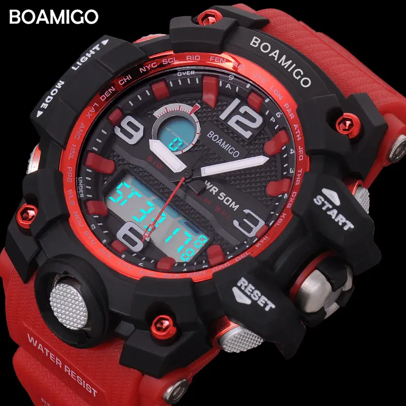 

BOAMIGO Brand LED Digital Watches Military Analog Quartz Men's Watch Red Rubber Strap 50M Waterproof Wristwatch for Daily Sports