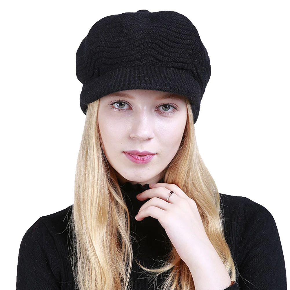 Модная женская однотонная зимняя теплая вязаная шапка, рождественский подарок - Цвет: Черный