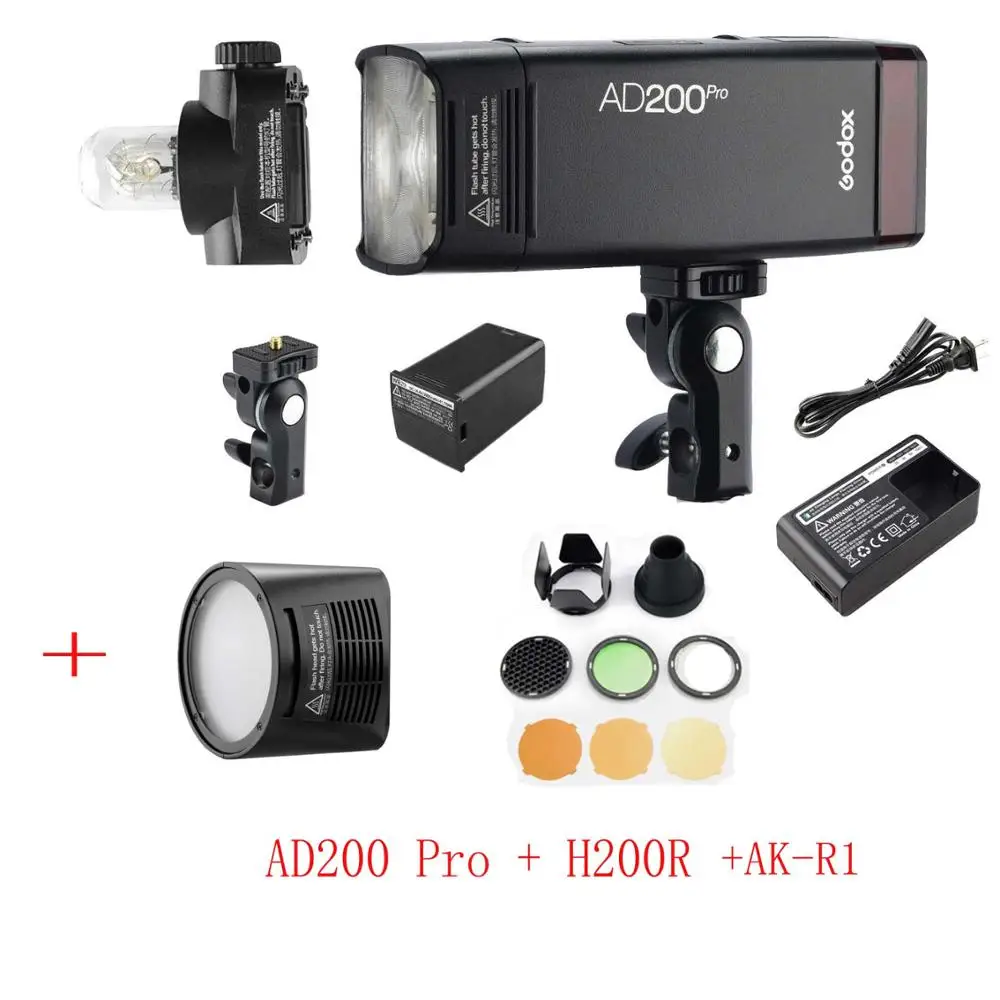 Godox AD200 Pro AD200Pro 200Ws 2,4G Вспышка стробоскоп 2900mAh батарея голая лампа Speedlite френель головка для DSLR вспышка для фотоаппарата - Цвет: roundkit