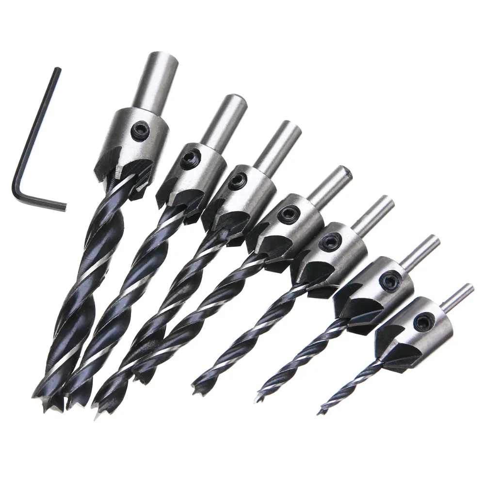  7pcs 5 Flute Countersink Drills Bit HSS Drills Bit Reamer Set For Woodworking Chamfer 3-10mm